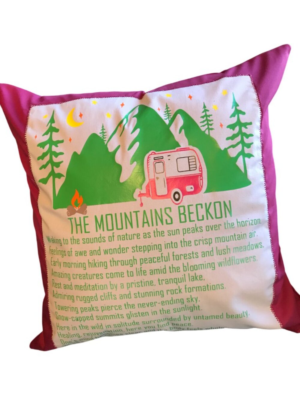 Mountain Camping Pillow Cover Handmade Vintage Camper Magenta Decor 18 x 18 in